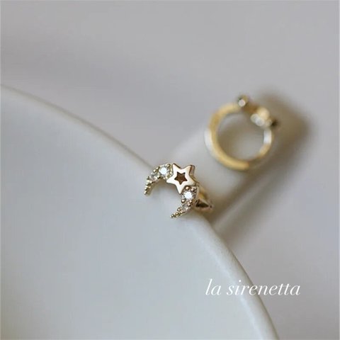 受注製作 ピアス ＊ moon ＆ star hoop pierce