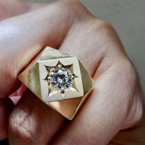 仁尾彫金『一つ星ジルコニア、ブロックゴールドリング』ハンドメイド205