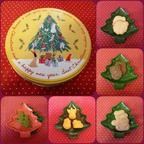ツリー柄クリスマス丸型ギフト缶にクリスマス焼き菓子5種詰め合わせ☆