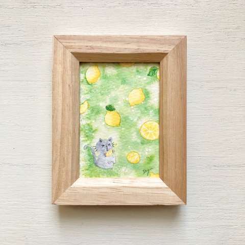 🍋透明水彩画「すっぱいレモン」イラストミニ額  プチギフト  猫　ネコ　ねこ　フルーツ🍋