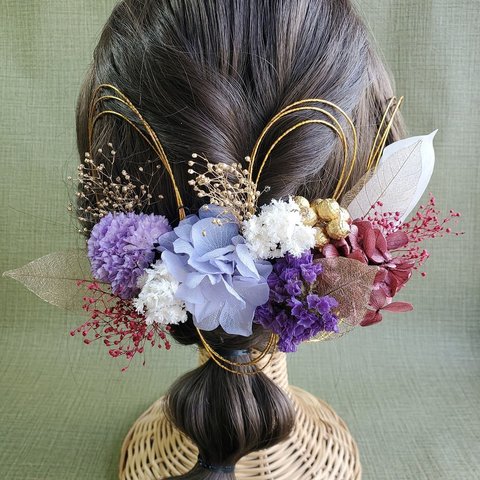 ゴールドリーフ　紫　レッド　くすみ系　水引　髪飾り　成人式　結婚式　和装