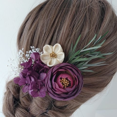 着物・浴衣  ラナンキュラスとつまみ細工の髪飾り 　パープル/紫