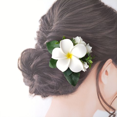 《再販》白い プルメリア ミニバラ フラダンス 髪飾り ハワイアン フラ ヘアクリップ FL-41  