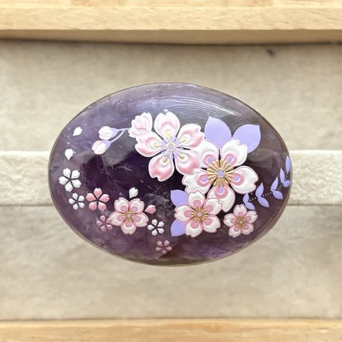 ★〜天然石　高品質アメジスト　蒔絵風　桜　金箔　帯留め　40×30〜★