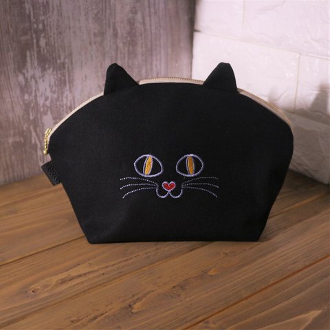 【刺繍】黒猫 ポーチ（大）