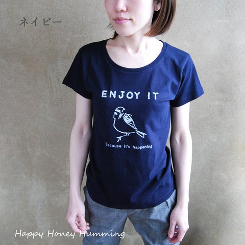 鳥Ｔシャツ　すずめ　enjoy it　ネイビー　レディース　オリジナルtシャツ