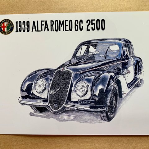 010. クラシックカー  レトロ  色鉛筆画 2Lサイズ  1939 ALFA ROMEO 6C 2500 Classic Car