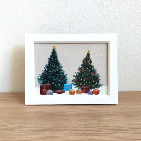 油彩　原画　『クリスマスツリー』　額縁付き　2L判サイズ