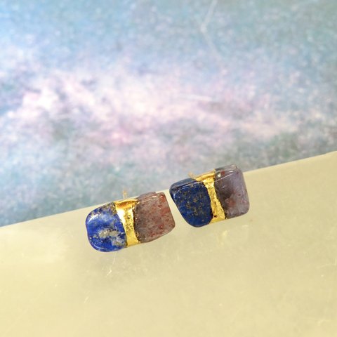 太陽系・天の川銀河＊Lapis lazuli× Iolite-sunstone＊金継ぎピアス／M size 