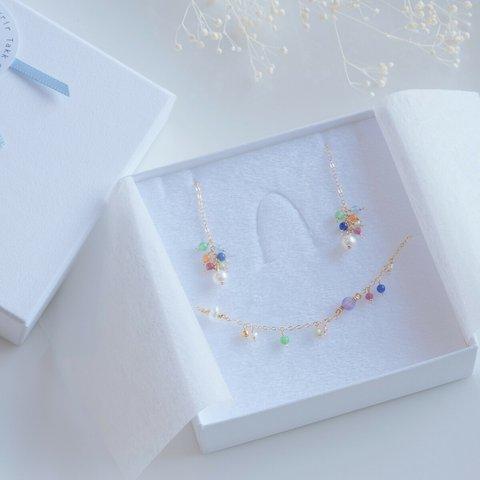 partí  bracelet＆earring gift set：パール×天然石カラフル　ピアス・イヤリング＆ブレスレット ギフトセット