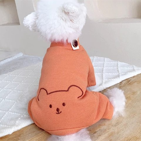 犬服 犬ウェア ペット服 微笑みの熊柄刺繡付きコットン製犬綿服 3色 シンプル かわいい 緑 オレンジ色 カーキ色 散歩 日常 春 犬パジャマ