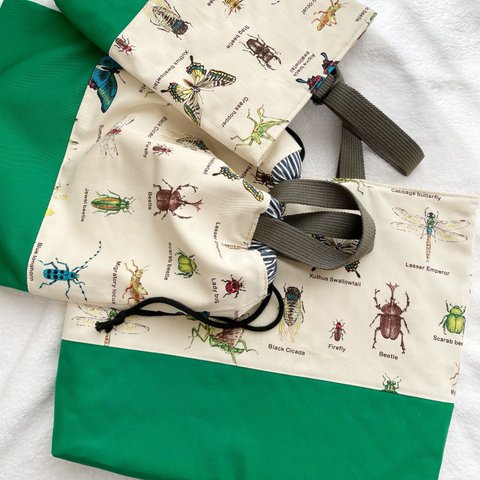 【残りわずか！】　入園入学3点セット　虫　緑　昆虫　男の子　レッスンバッグ　体操袋　シューズ袋