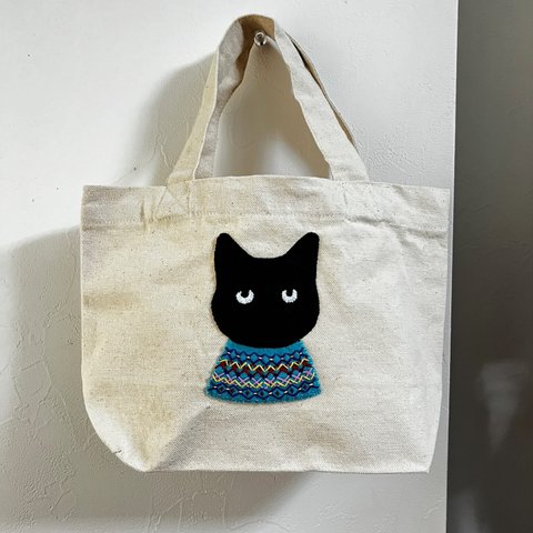 青セーター猫キャンバスバッグ