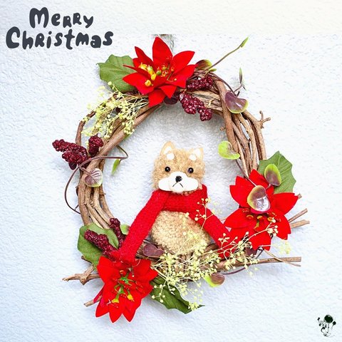 かわいい柴犬とポインセチアのクリスマスリース 雑貨 ギフト 造花 クリスマス しば シバ 犬 インテリア