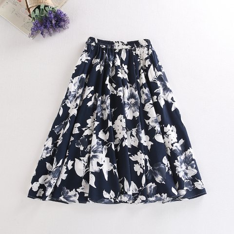 (再販6)夏の花柄綿麻　スカート　紺色 s16