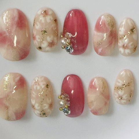 春ネイル、桜ネイル、卒業式ネイル、ニュアンスネイル、ピンク大理石風ネイル