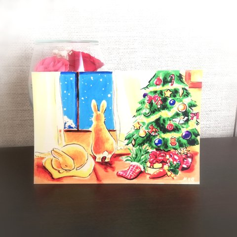 ☆クリスマスデザイン　うさぎのポストカード　3枚セット　⑥クリスマスの朝　　 Art_Mao