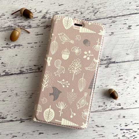 スマホケース手帳型【iPhone】北欧の森　グレイッシュピンク