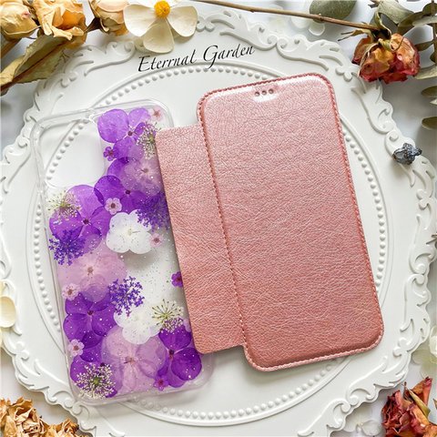 パープル系紫陽花手帳型押し花ケース iPhone全機種対応  Galaxy note 20 ultra/Galaxy note20/Galaxy note10/Galaxy note 10 pro 