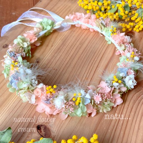 新作flowercrown花かんむりミモザ キッズベビー~ 大人フリーサイズ春色