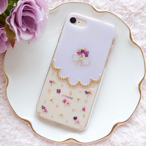 アリッサムブーケのスカラップ❁.*･ﾟ押し花iPhoneケース  ダスティラベンダー【※iPhone専用ページ】