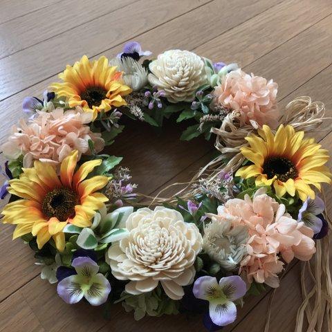 《新作》28ｃｍ🌻太陽の花向日葵と紫陽花のサマーリース（受注制作）