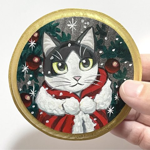 原画 丸いクリスマスの猫のイラスト④ アニマル 壁掛け 飾り