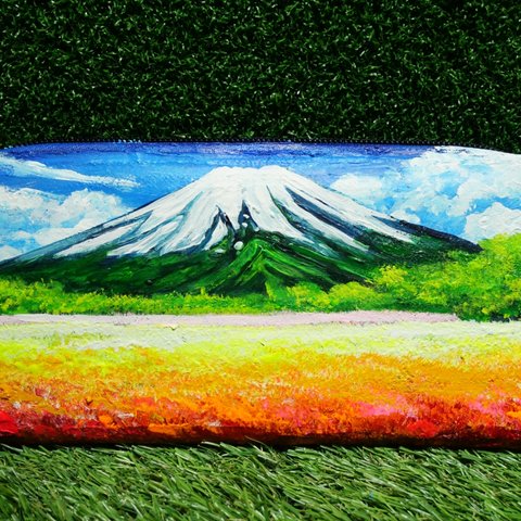 油絵 絵画　長財布【お花畑と満月の富士山】