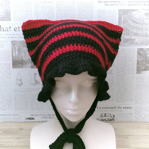 猫耳ニット帽　猫耳帽子　ビーニー　ネコ耳ニット帽　紐付き　クロシェハット　ミミネコ　手編み　かぎ針編み　y2k 　黒