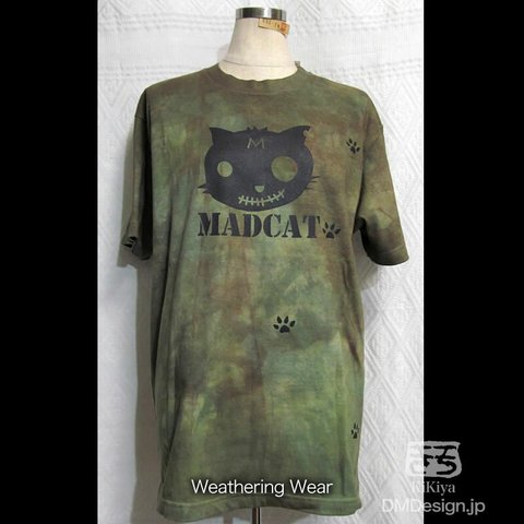 (M)手染め+プリント一点もの「カモフラ猫」MADCAT黒猫Tシャツ（1-265）