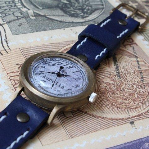 手作り腕時計　Via Aurelia(レトロ 中世Gray & Navy Blue)   --- アンティークでシンプルな男性、女性兼用腕時計。ベルトは牛革を使用。