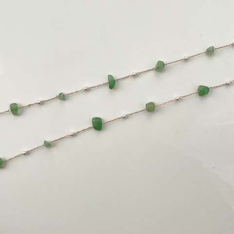 ◎1月新作◎【1pcs(20cm)green #53-11】天然石×パール　design chain/チェーン/天然石/デザインチェーン/パールチェーン/カット販売/グリーン/緑