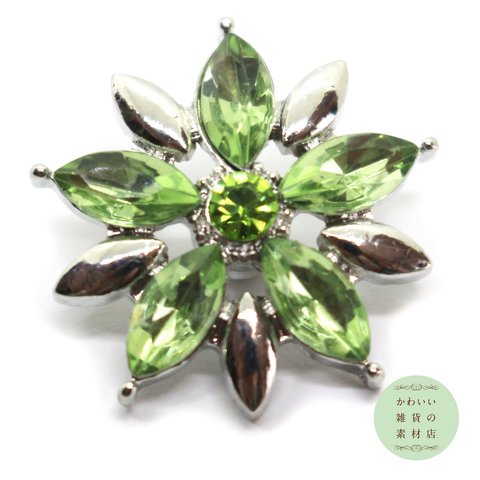 22mm 花芯にペリドットグリーン、花弁にミントグリーンのラインストーンのついた花のアンティークシルバーのスナップボタン（スナップジュエリー用/飾りボタン）#BUS-0014