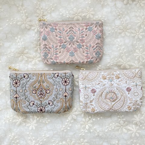 インド刺繍生地の14cmファスナーポーチ