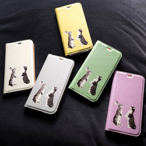 手帳型ケース うさぎさんとネコさん 猫 iPhoneケース スマホケース iPhone15〜 