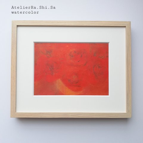 展示「色を飾る [深紅]バラの花」パステル画