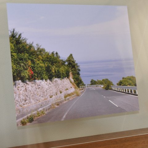 四切サイズの写真：上関町の海の見える 坂の上にある 石垣に咲く 花のある風景 -山口県-