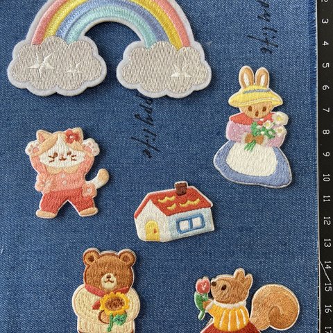 6枚入　森の祭り　可愛い動物たち刺繍アイロンワッペンシールタイプ