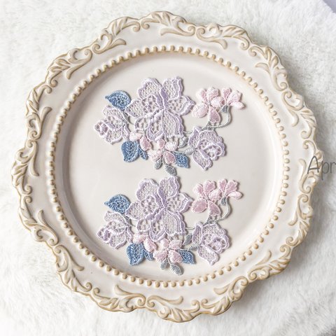 【1枚】花　フラワー　パープル　ローズ　アップリケ　モチーフ　ケミカル レース　刺繍　手芸