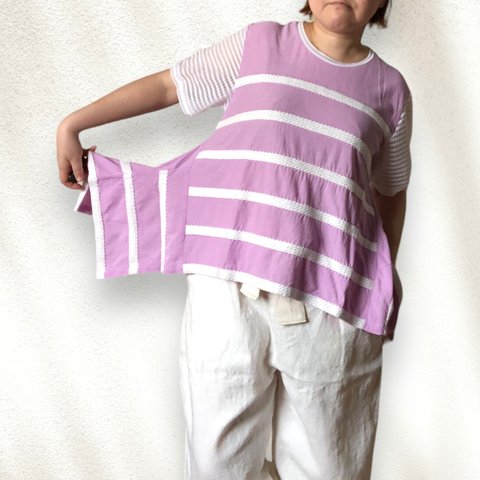 シースルー袖と揺れる裾がかわいいフィッシュテールTシャツ綿カットソーLサイズ