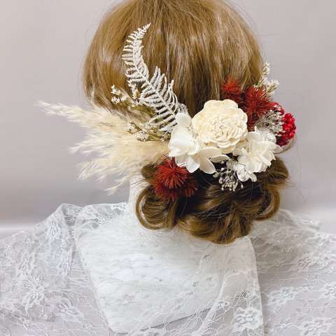 ヘアアクセサリー　ヘアパーツ　髪飾り　花　ドライフラワー　ボルドー　ホワイト　オフホワイト