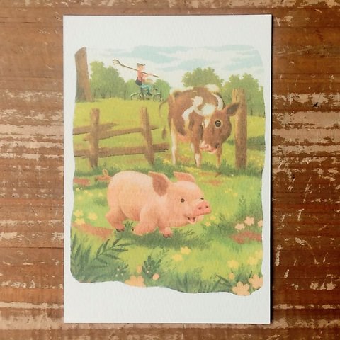 ビンテージ風豚と牛のポストカード5枚セット