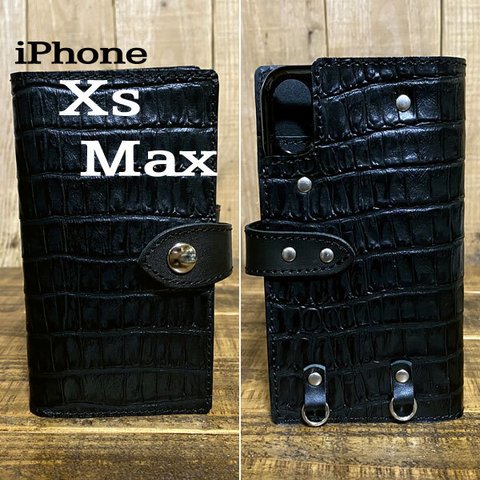 送料無料 手帳型 スマホケース iPhone Xs Max 用 クロコ型押し 革 ブラック 黒糸