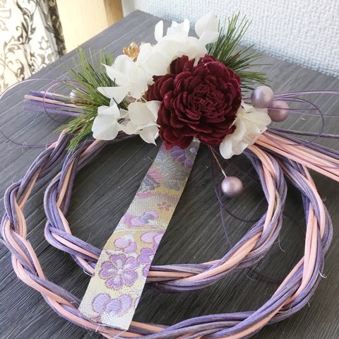西陣織リボンのラタンしめ飾りピンク【プリザ＋造花＋ドライ】