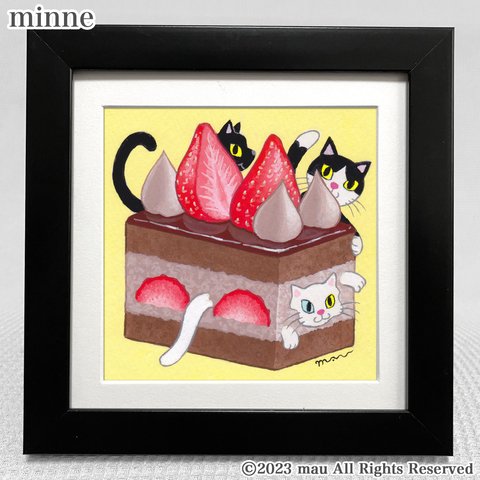 原画「三匹の猫〜チョコレートケーキでかくれんぼ」ふしぎなねこのアート絵画