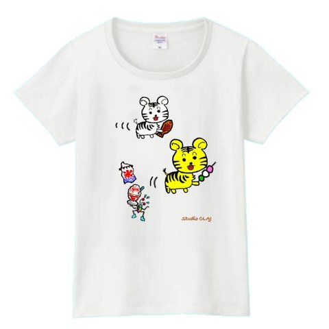 和菓子大好き虎次郎：プリントスターTシャツ（レディース：ホワイト）