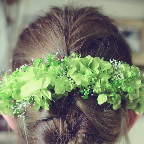 紫陽花とかすみ草のグリーンヘアピン☆ウエディング