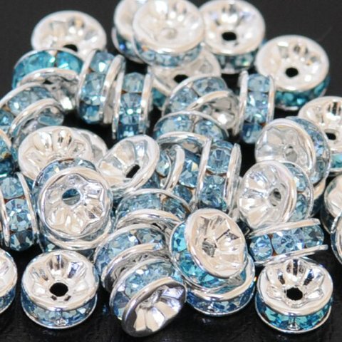 8mm 50個 平ロンデル スペーサー シルバー台座 アクアマリン パワーストーン ブレスレット ハンドメイド パーツ