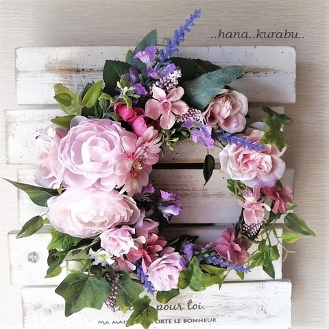 ◆ピンクのラナンとガーベラ◆アーティフィシャルフラワー・造花・壁掛けリース◆花俱楽部