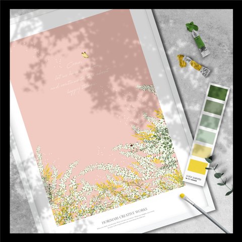 【ミモザと雪柳とユーカリの庭】インテリア ボタニカル アートポスター　コーラルピンク背景